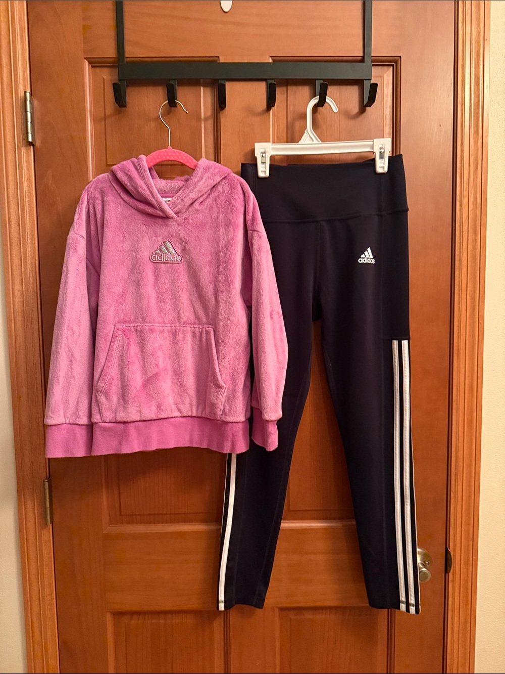 adidas Girls Pink Plush Hoodie with Black Leggings